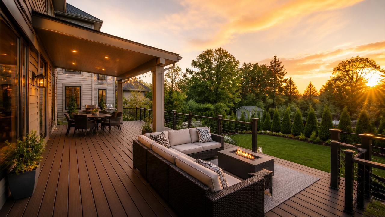 Newly built backyard composite deck at golden hour